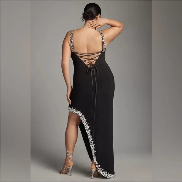 Mac Duggal Asymmetrical Side Slit Lace Up Rhinestone Embellished Gown Size 20W